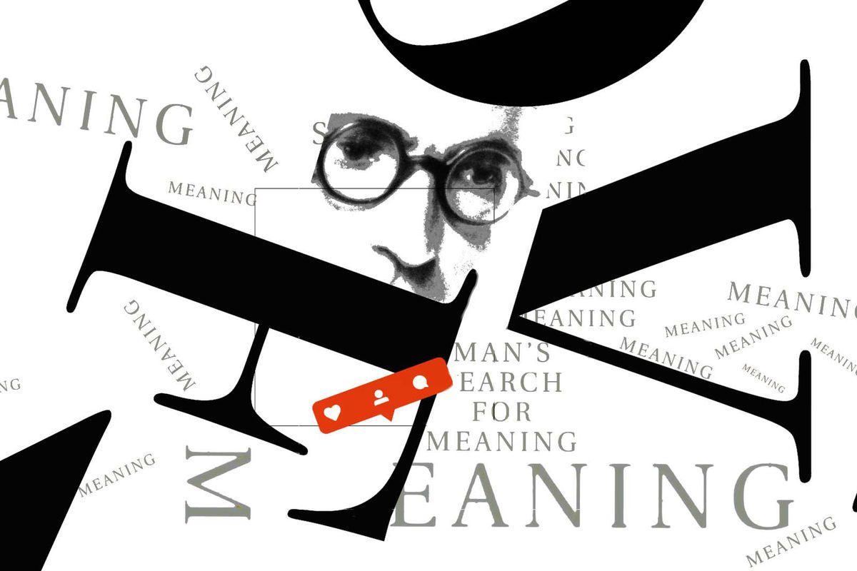 A collage of Viktor Frankl’s face and the title of his book, Man’s Search for Meaning.