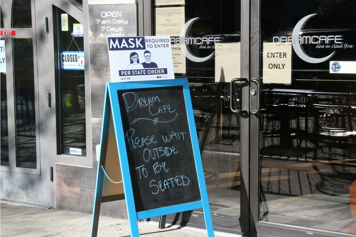 In Mesa County, Colorado, the government’s 5-star certification program requires businesses to enact COVID-related public health directives. Patrons of Dream Cafe in downtown Grand Junction must wear masks before entering and wait outside before being seated.