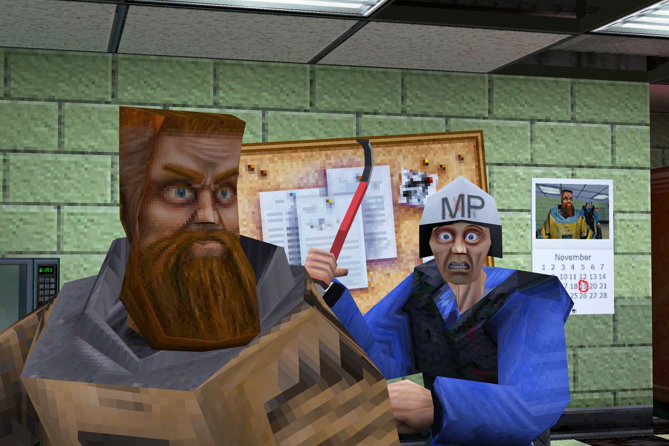 A screenshot from Half-Life featuring Ivan the Space Biker and Proto-Barney.