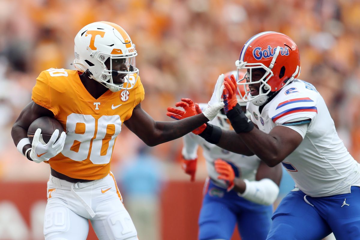 Ramel Keyton #80 of the Tennessee Volunteers with Amari Burney #2 of the Florida Gators defendingat Neyland Stadium on September 24, 2022 in Knoxville, Tennessee. Tennessee won the game 38-33.