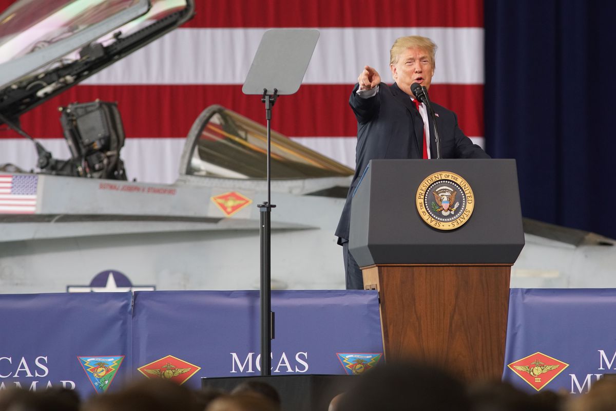 President Donald Trump addresses troops at Miramar Marine Corp Air Station on March 13, 2018 in San Diego, California.&nbsp;
