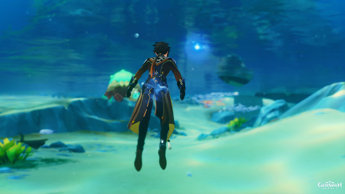 An image of Zhongli from Genshin Impact swimming under water. There is a circular blue bubble blur covering his butt underwater. 