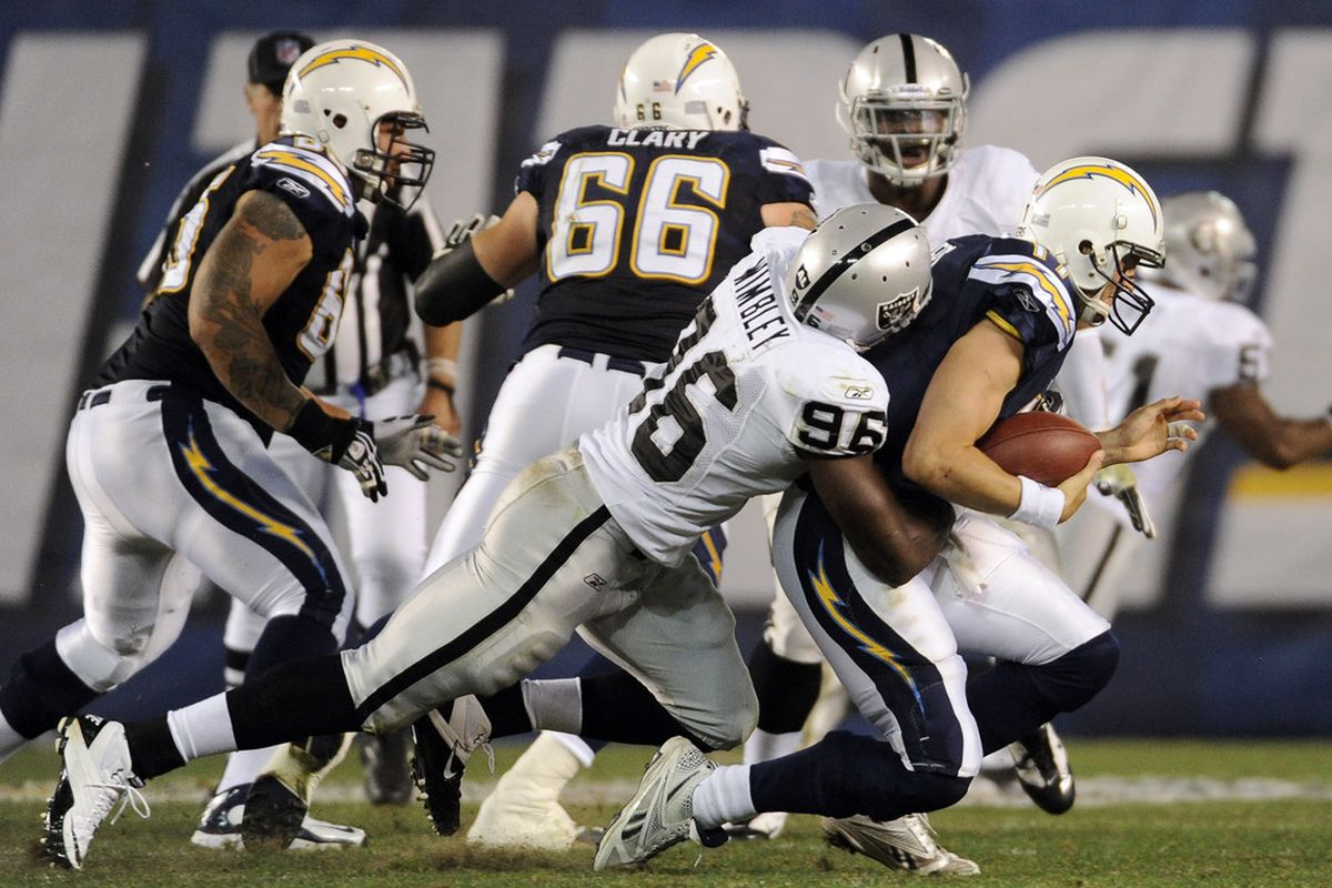 Defensive lineman  Kamerion Wimbley #96 of the Oakland Raiders sacks quarterback  Philip Rivers #17 of the San Diego Chargers