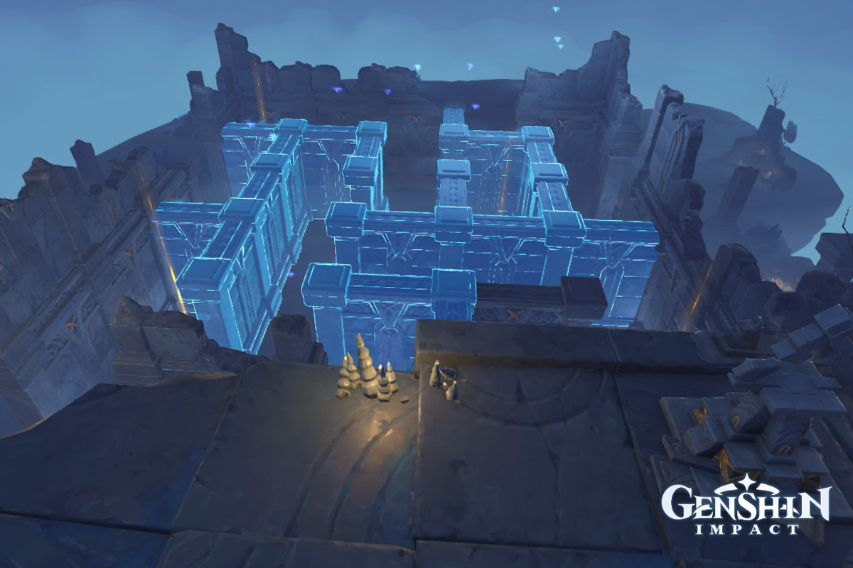 Glowing blue walls block off a maze in Genshin Impact