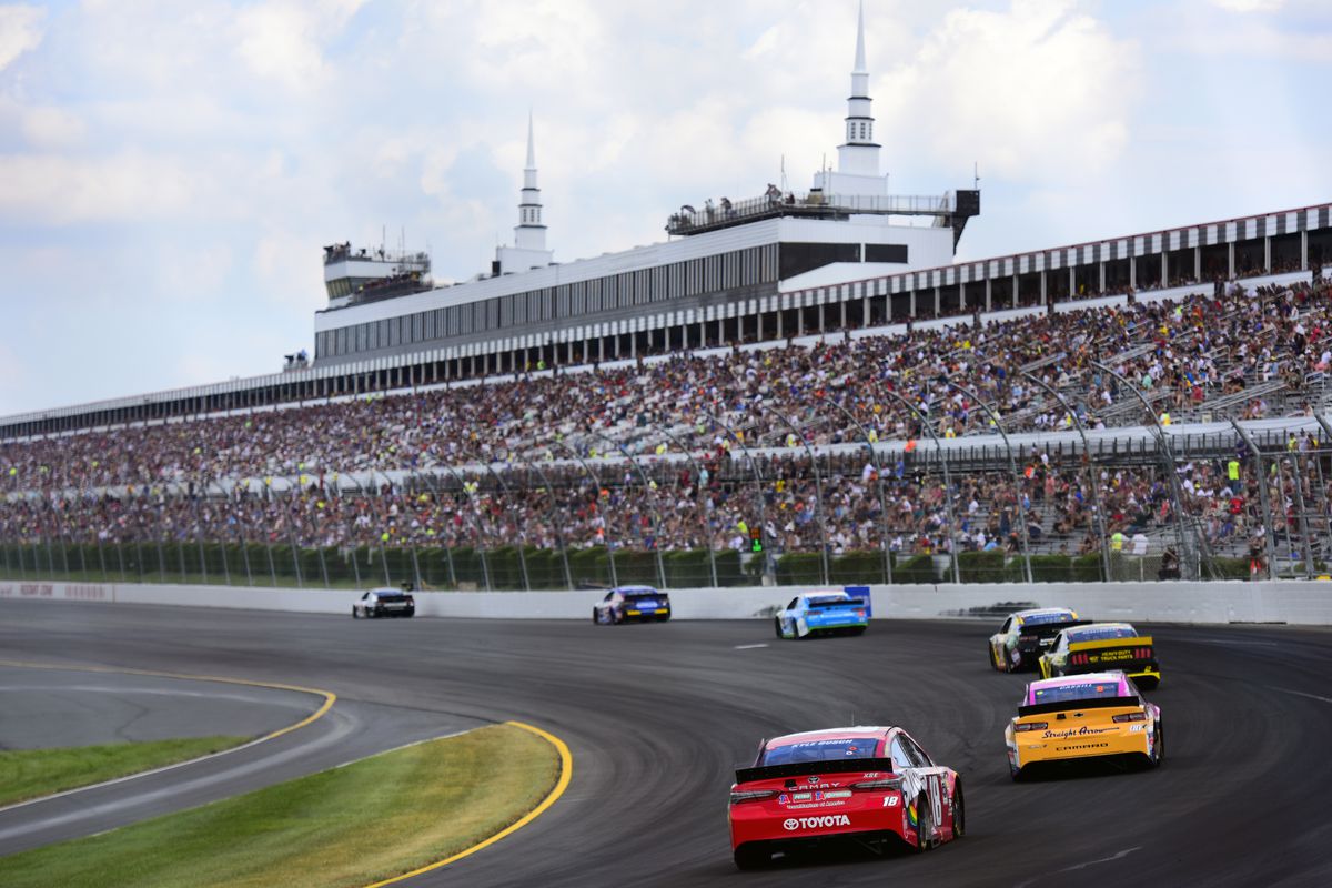 A general view of racing during the Monster Energy NASCAR Cup Series Gander RV 400 at Pocono Raceway on July 28, 2019 in Long Pond, Pennsylvania.