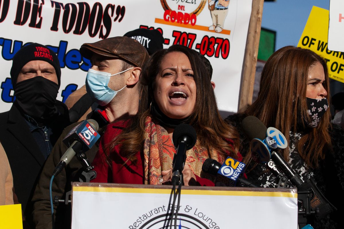 Assemblymember Catalina Cruz (D-Queens) speaks at a Times Square rally for restaurant workers, Dec. 15, 2020.