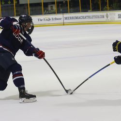 The UConn Huskies take on the Merrimack Warriors in a men’s college hockey game at J. Thom Lawler Rink in North Andover, MA on January 12, 2018.