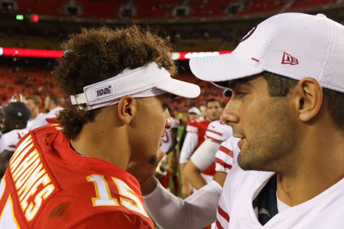 Kansas City Chiefs quarterback Patrick Mahomes and San Francisco 49ers quarterback Jimmy Garoppolo exchange a handshake and words after an NFL preseason game between the San Francisco 49ers and Kansas City Chiefs on August 24, 2019 at Arrowhead Stadium in Kansas City, MO.