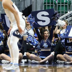San Diego Toreros cheerleaders work the game as the BYU Cougars and San Diego Toreros play in WCC tournament action at the Orleans Arena in Las Vegas on Saturday, March 9, 2019. San Diego won 80-57.