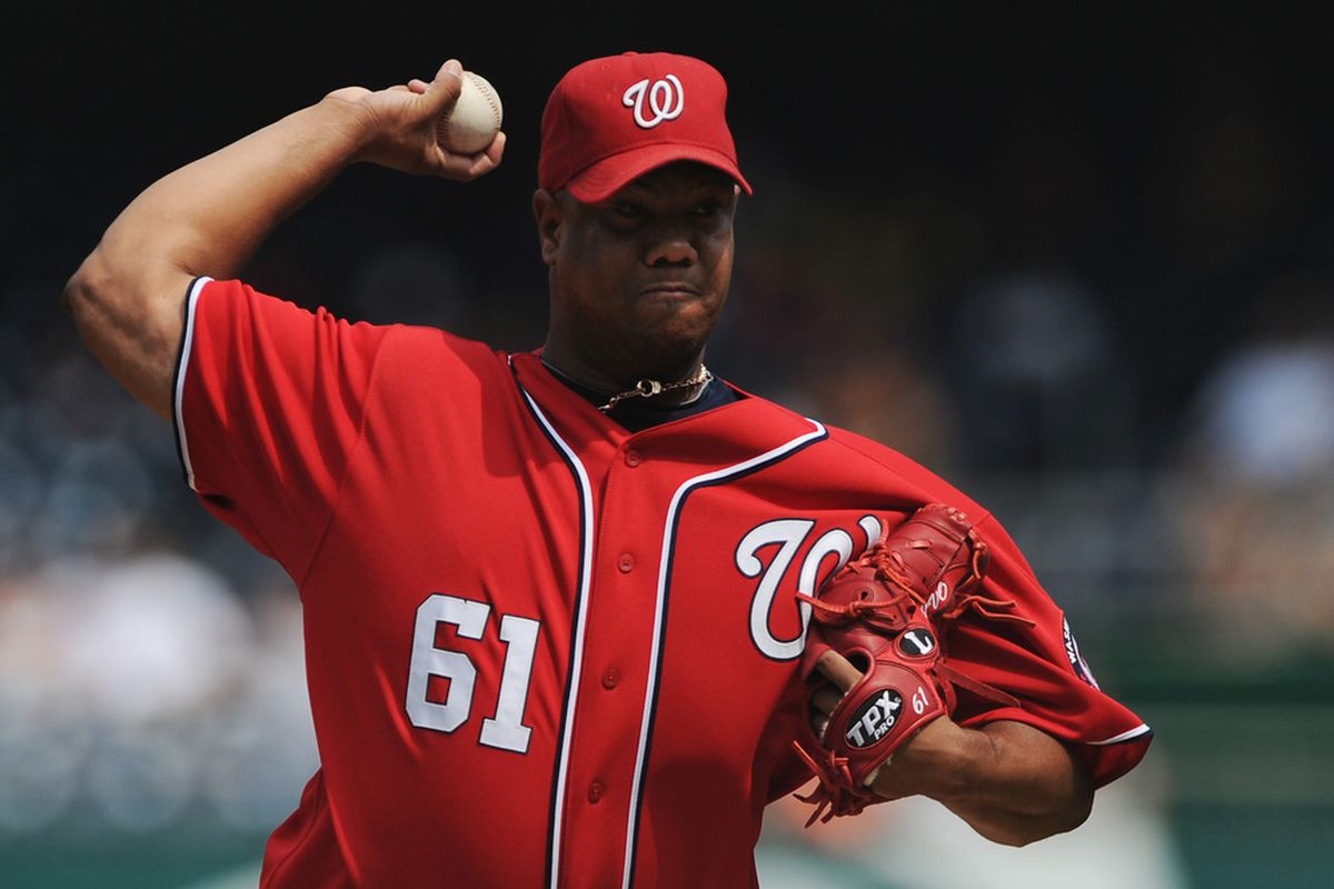 WASHINGTON, DC - SEPTEMBER 4: Starting pitcher Livan Hernandez #61 of the Washington Nationals works the first inning the New York Mets at Nationals Park on September 4, 2011 in Washington, DC. (Photo by Patrick Smith/Getty Images)