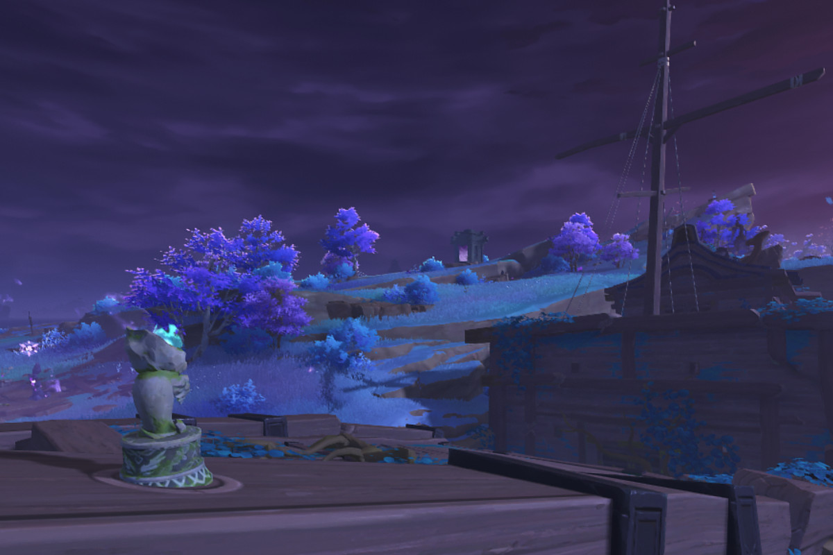 A stranded deserted ship in Genshin Impact with a purple hue on it