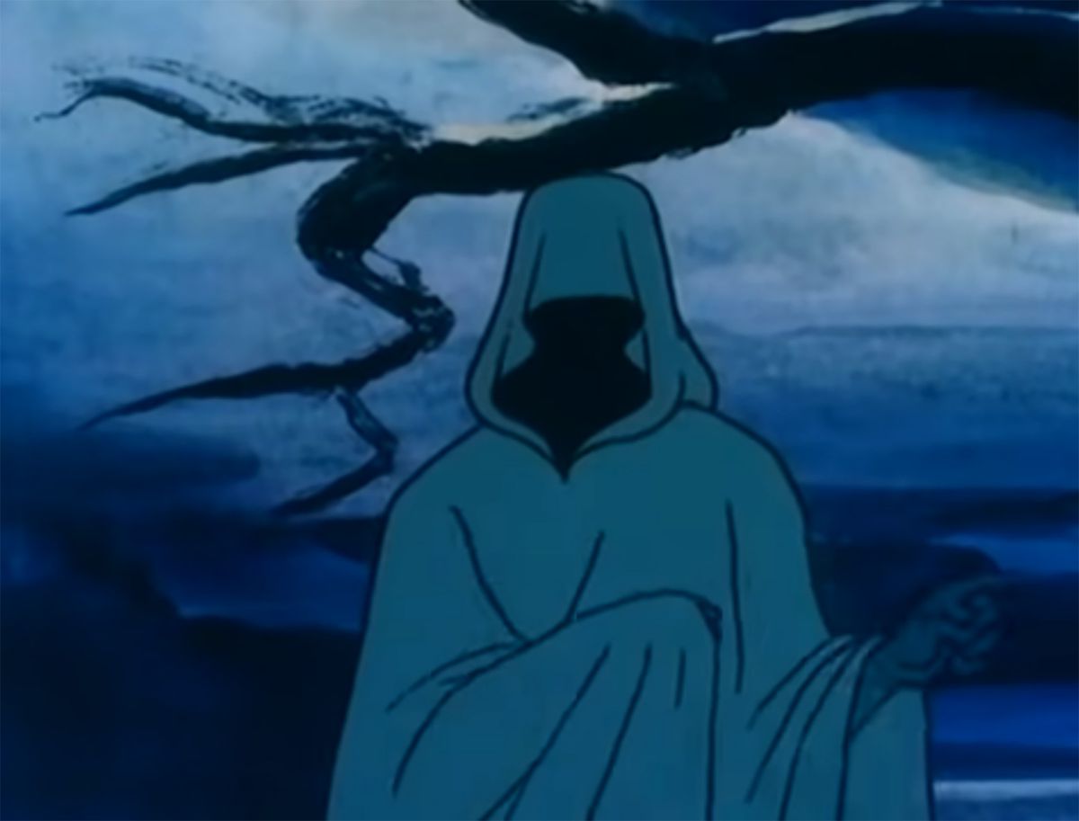 A creepy hooded guy in The Stingiest Man in Town (1978)