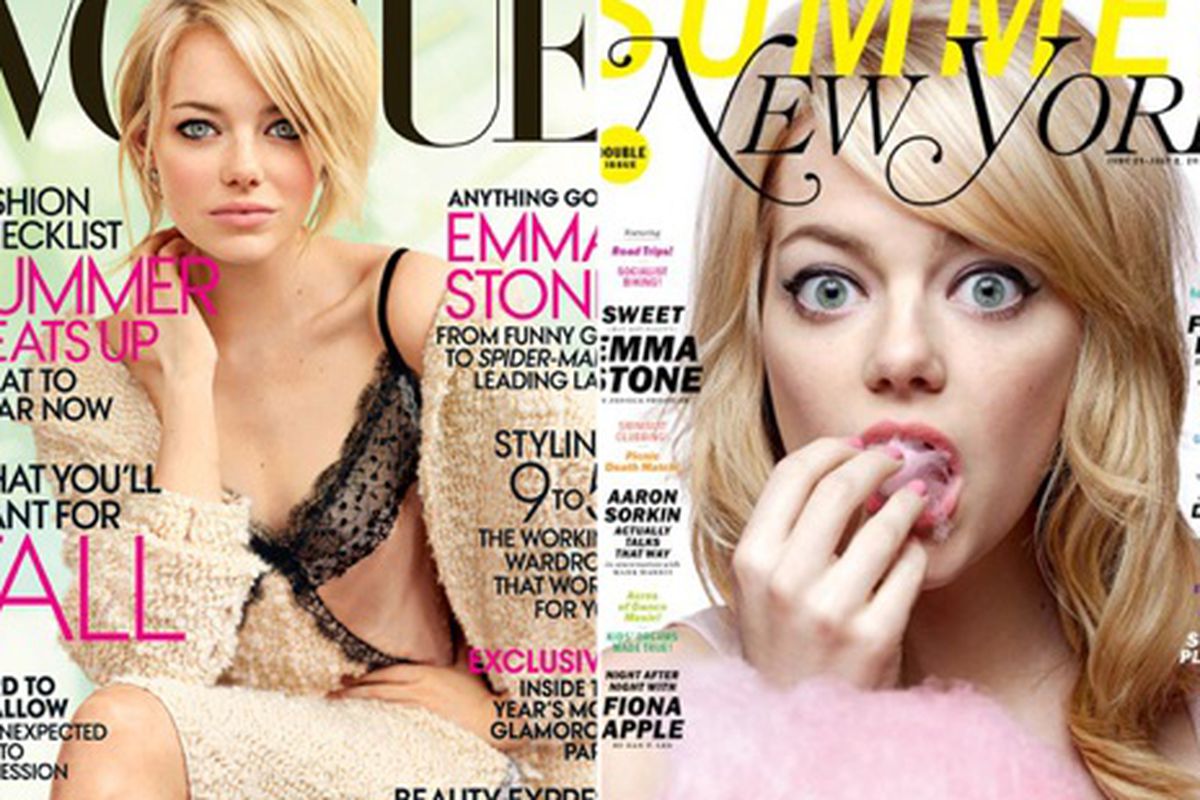 Two very different looks for Emma Stone for two very different mags, via <a href="http://www.vh1.com/celebrity/2012-06-18/emma-stone-stuns-with-vogue-new-york-mag-covers-love-of-jim-carrey/">VH1</a>