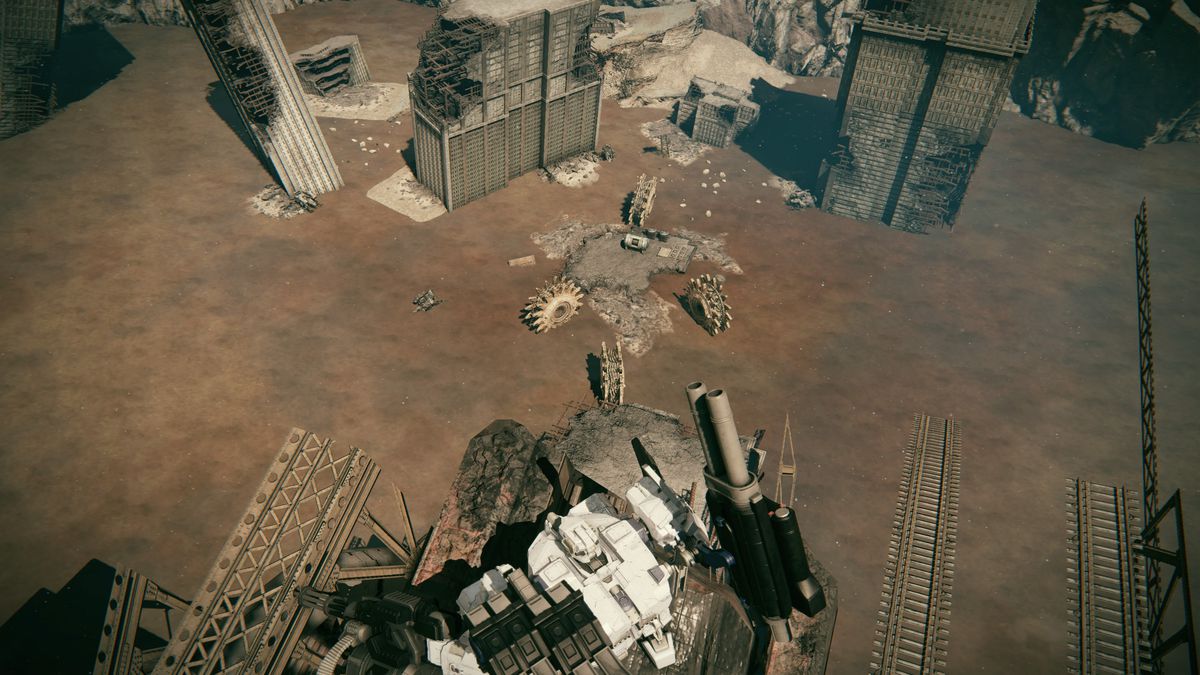 The player’s AC looks down from a bridge upon a quartet of Autonomous Grinder Wheels guarding a container in a screenshot from Armored Core 6: Fires of Rubicon.