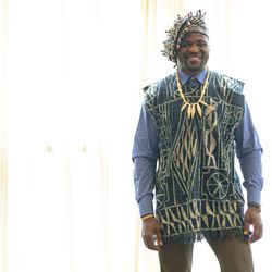 Francis Ngannou shows off traditional African garb Friday at UFC Phoenix media day.