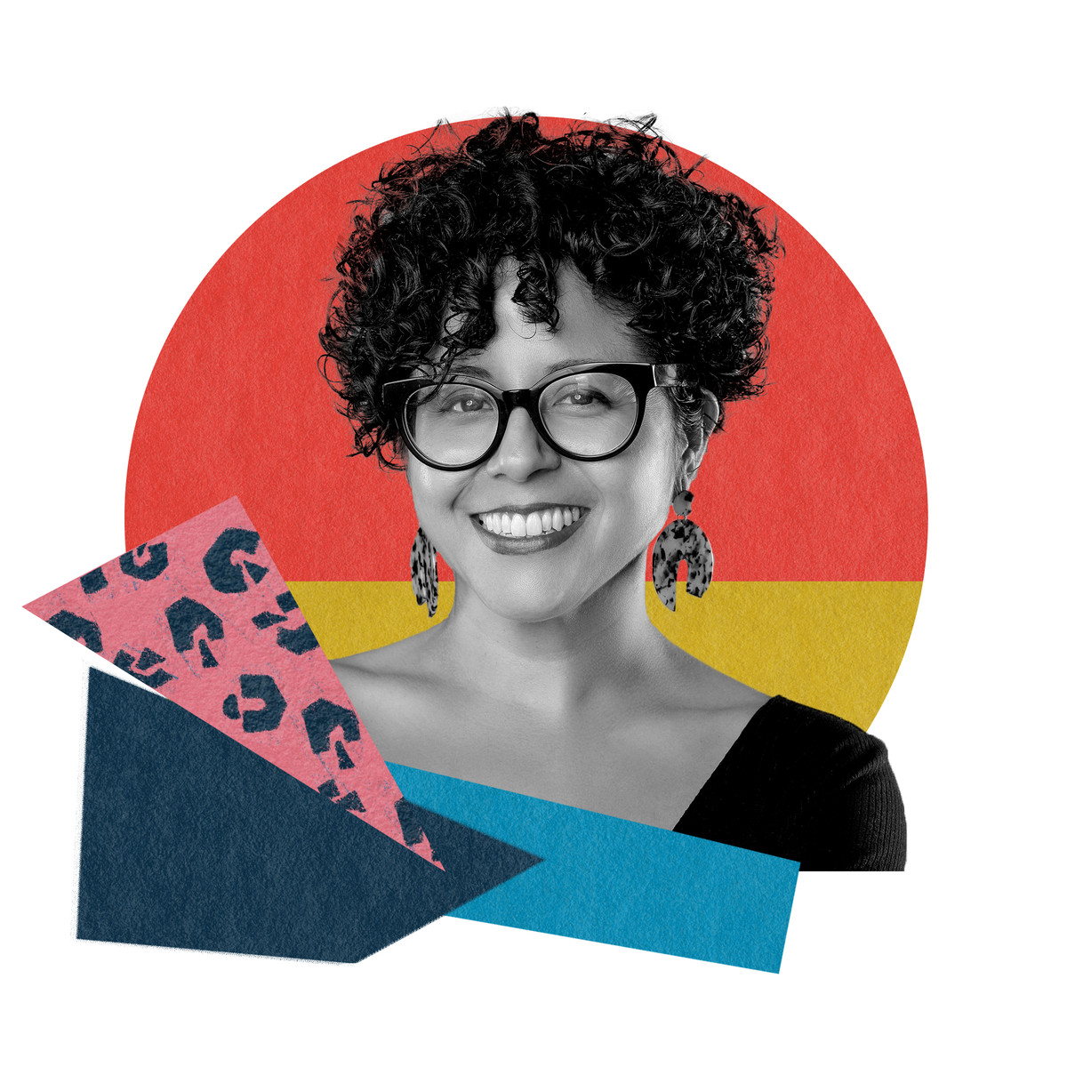 A black and white photo of the artist, who has curly natural hair, large black glasses, and dangling earrings. 