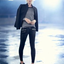 The Collection long-sleeve tee in thin stripe and sateen toothpick pant with zips