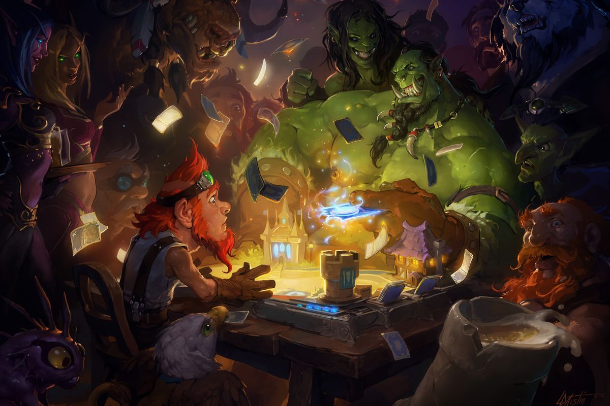 Hearthstone - the game’s original 2014 key art, showing a tiny, startled gnome with goggles and red hair playing cards against a muscly, burly orc.