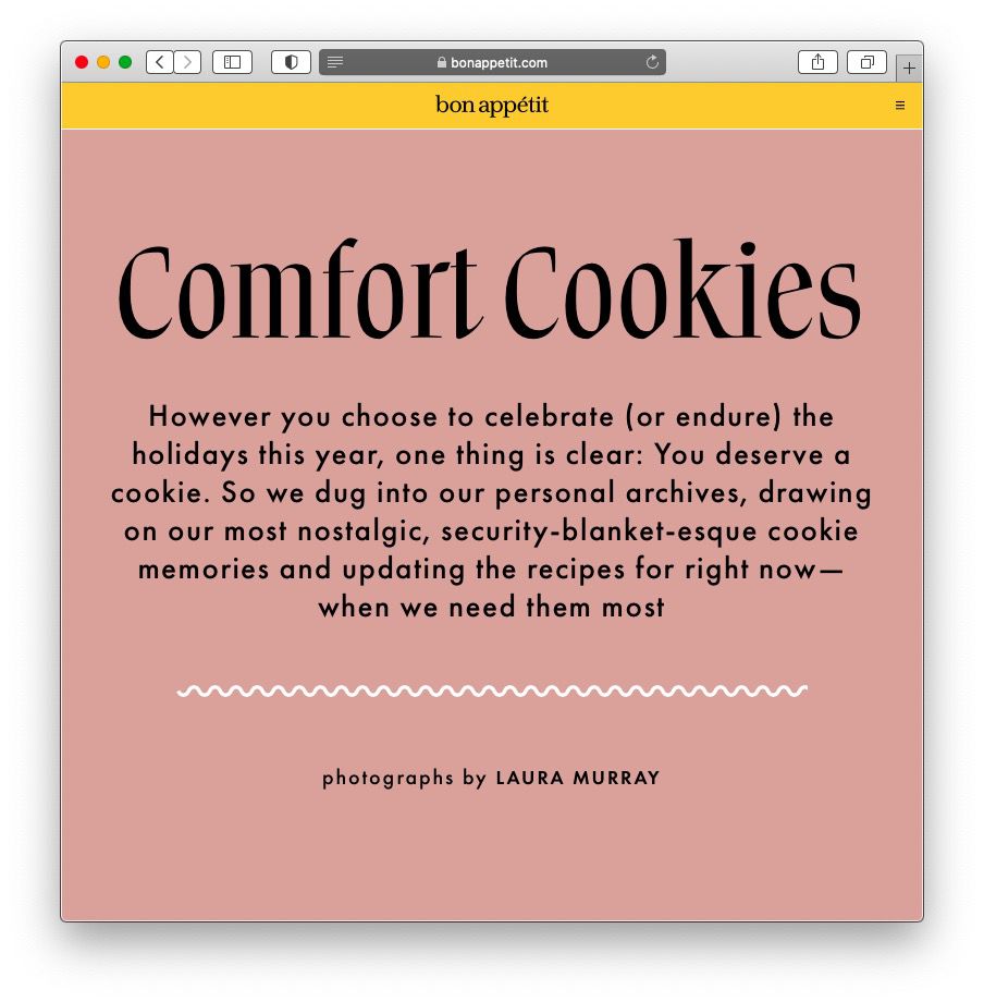 Screenshot of Bon Appetit’s cookie article, black text on a mauve background.