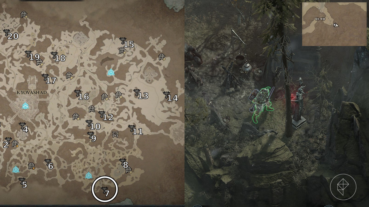Altar of Lilith 7 found in the Trekker’s Nook area of Diablo 4 / IV depicted by an in game screenshot and an annotated map