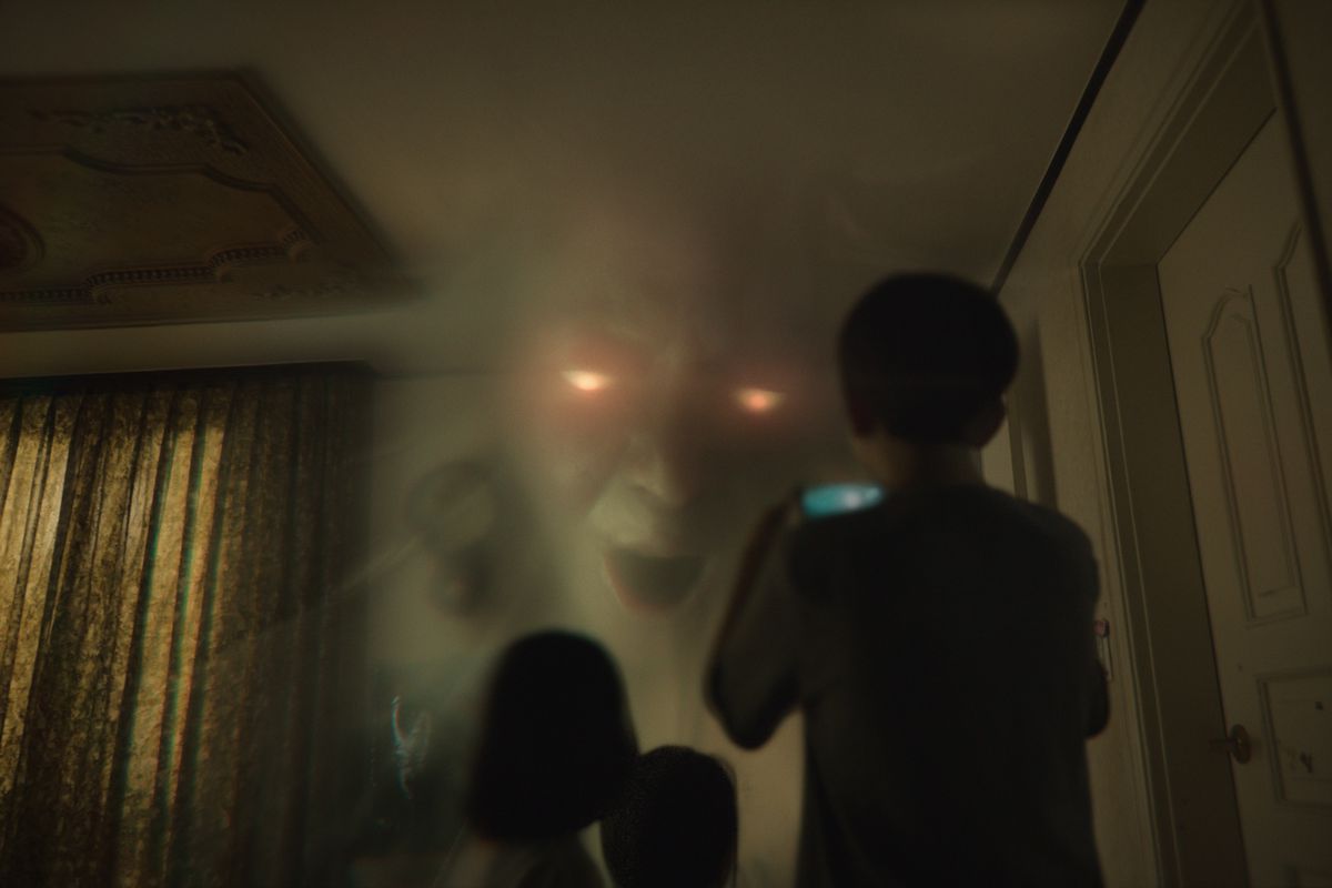A face appears to give a decree in an episode of Netflix’s Hellbound