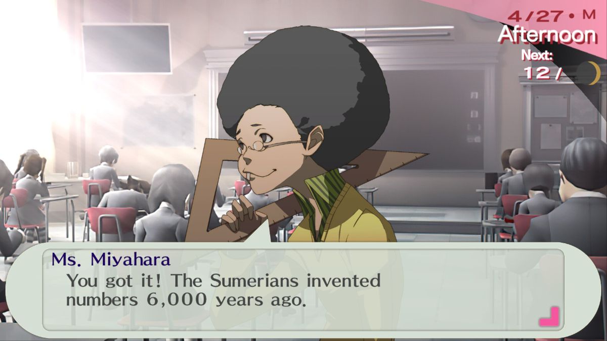 A teacher in Persona 3 says, “You got it! The Sumerians invented numbers 6,000 years ago.”
