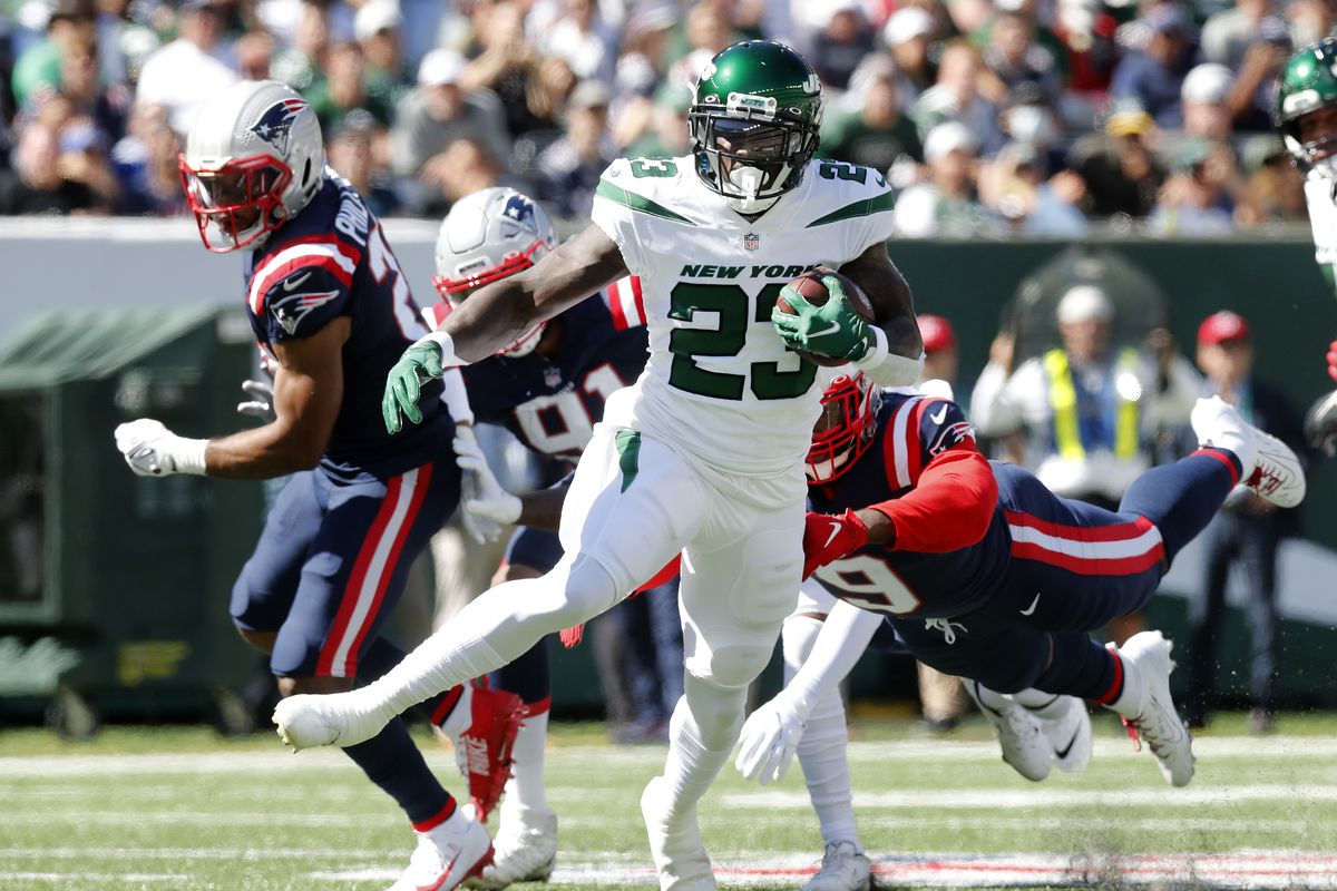 Tevin Coleman #23 of the New York Jets in action against the New England Patriots at MetLife Stadium on September 19, 2021 in East Rutherford, New Jersey