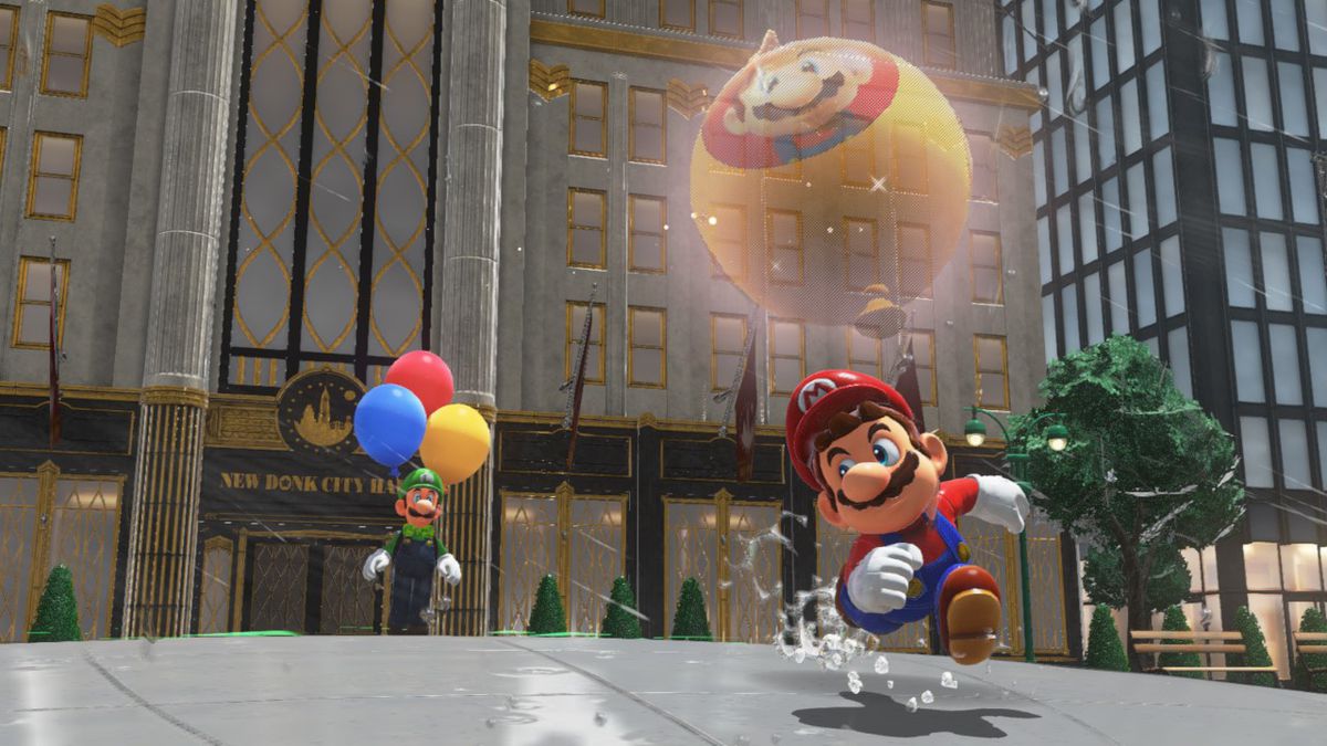 An image of Mario and Luigi in Super Mario Odyssey. Mario is running fast on a street.