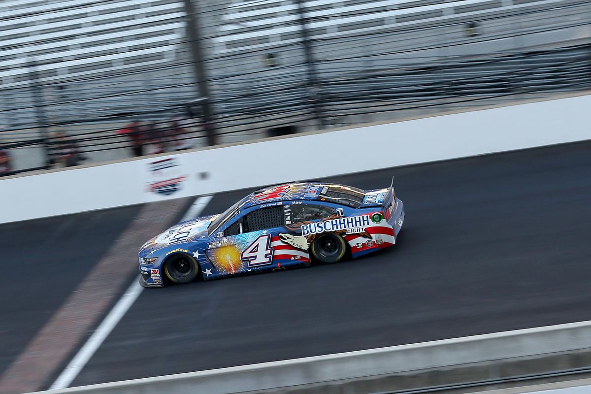 Kevin Harvick, driver of the Busch Light Patriotic Ford, cross the finish line to win the NASCAR Cup Series Big Machine Hand Sanitizer 400 Powered by Big Machine Records at Indianapolis Motor Speedway on July 05, 2020 in Indianapolis, Indiana.