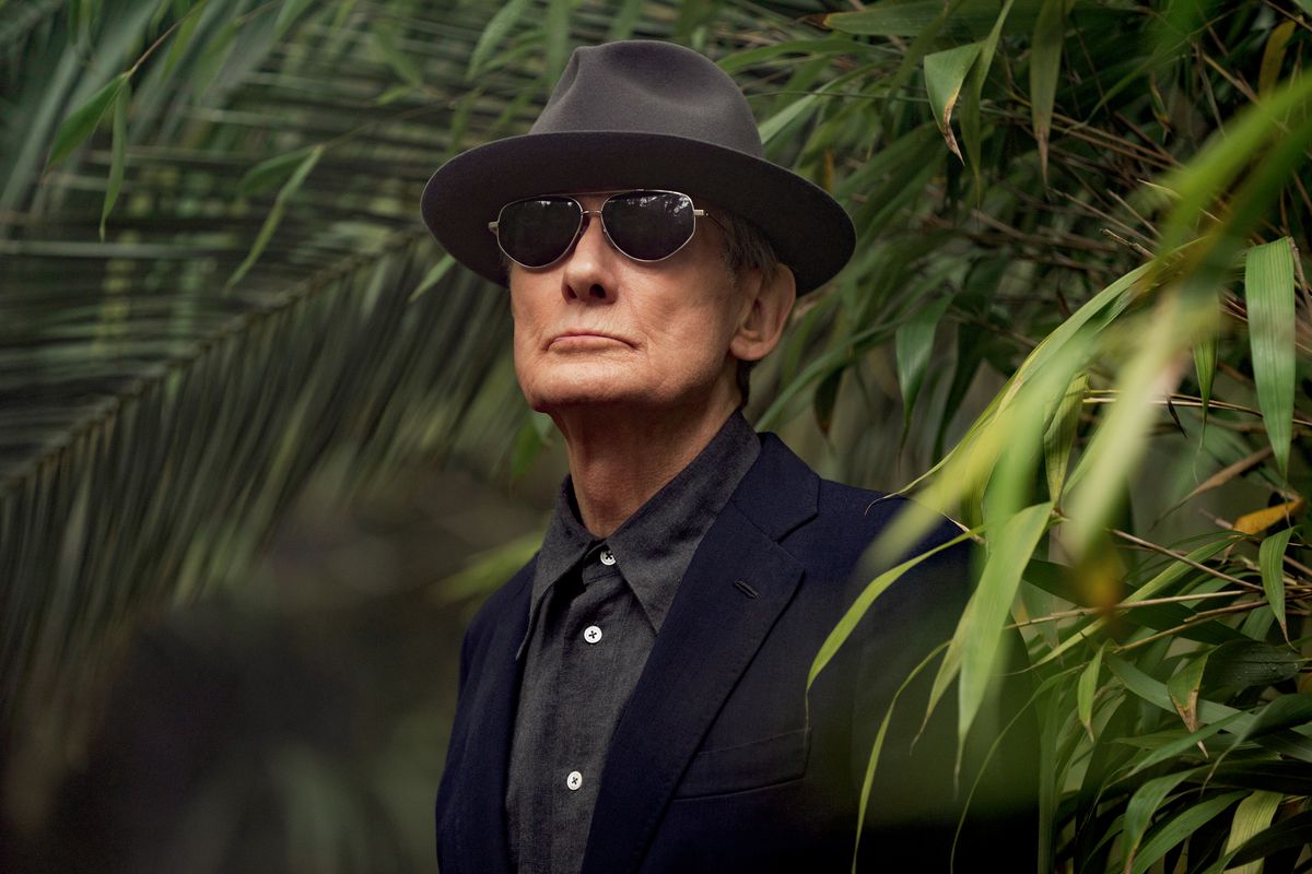 Bill Nighy as Newton standing in a bush wearing sunglasses and a hat