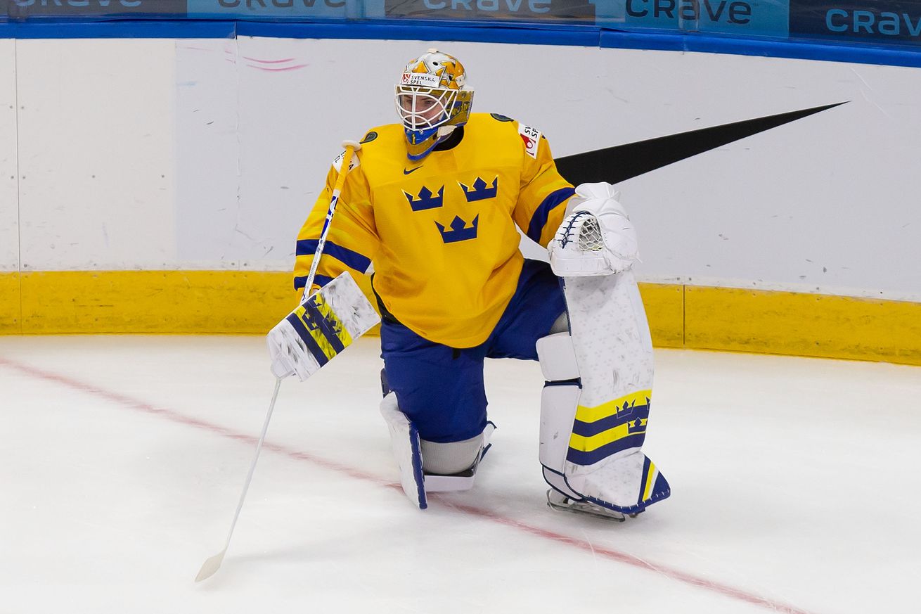 Goaltender Jesper Wallstedt #1 of Sweden skates against the Czech Republic during the 2021 IIHF World Junior Championship at Rogers Place on December 26, 2020 in Edmonton, Canada.
