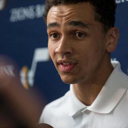 Marcus Paige, formerly of North Carolina, speaks to reporters during a press event introducing new Utah Jazz players at Vivint Smart Home Arena in Salt Lake City on Wednesday, June 29, 2016.