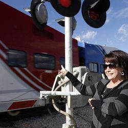Jill Welch of Farmington talks Tuesday, Nov. 15, 2011 about her experience in an automobile on the tracks at 600 Old Mill Lane in Kaysville as a FrontRunner train approached.