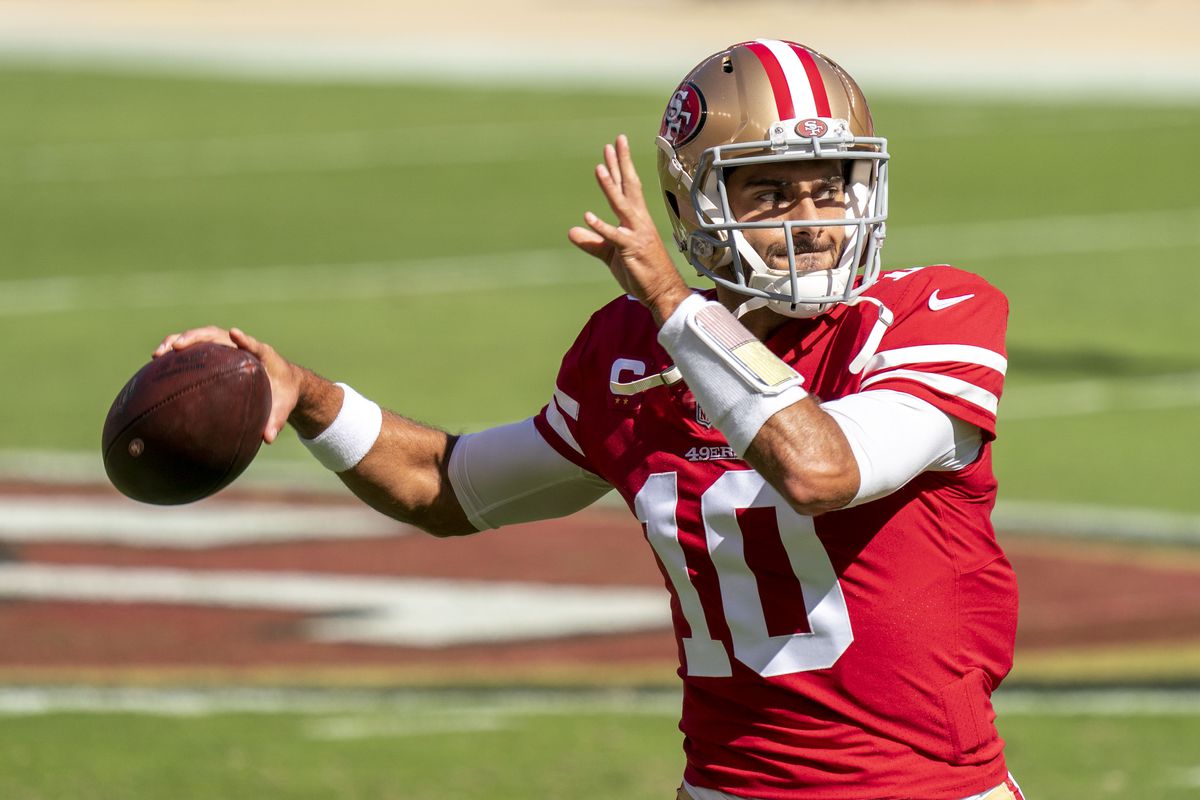 San Francisco 49ers quarterback Jimmy Garoppolo (10) warms up against the Miami Dolphins before the game at Levi’s Stadium.&nbsp;