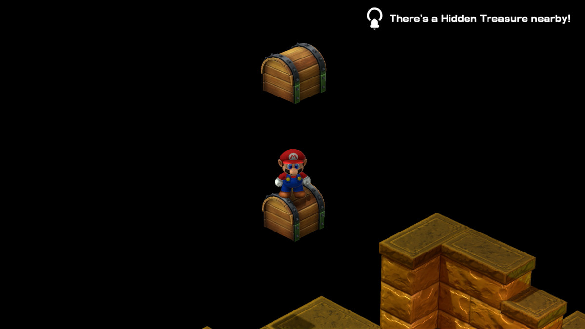 Mario stands on top of an empty chest to reach another hidden chest in Belome’s Temple in Super Mario RPG.