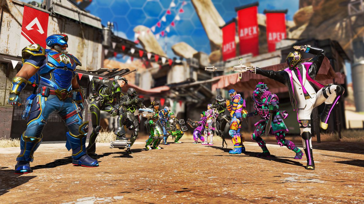 Twelve Apex Legends Characters, fitted in exotic cosmetic skins, face one another in a group standoff
