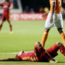 Real Salt Lake forward Jefferson Savarino (7) lays on the grass after missing a shot against the Houston Dynamo during a match at Rio Tinto Stadium in Sandy on Saturday, Aug. 5, 2017.
