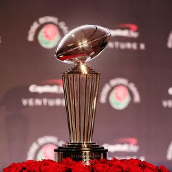 The Rose Bowl trophy is displayed during a press conference in Los Angeles on Friday, Dec. 31, 2021.