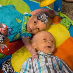 Six-week-old twins Ruthann and Martin Christensen at their home in Brigham City on Tuesday, Dec. 29, 2015. Their parents are Layne and Bobbisue Christensen.