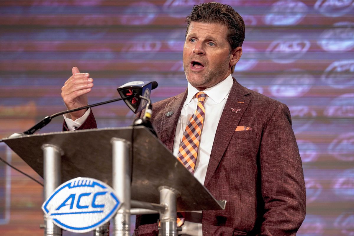 Virginia Tech Head Coach Brent Pry talks to the media during the second day of ACC Media Days at the Westin Hotel in Charlotte, NC.