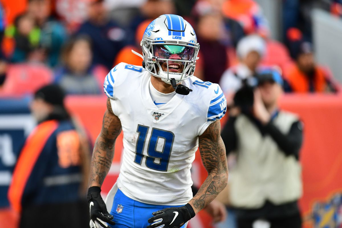 Detroit Lions wide receiver Kenny Golladay celebrates his touchdown reception in the third quarter against the Denver Broncos at Empower Field at Mile High.