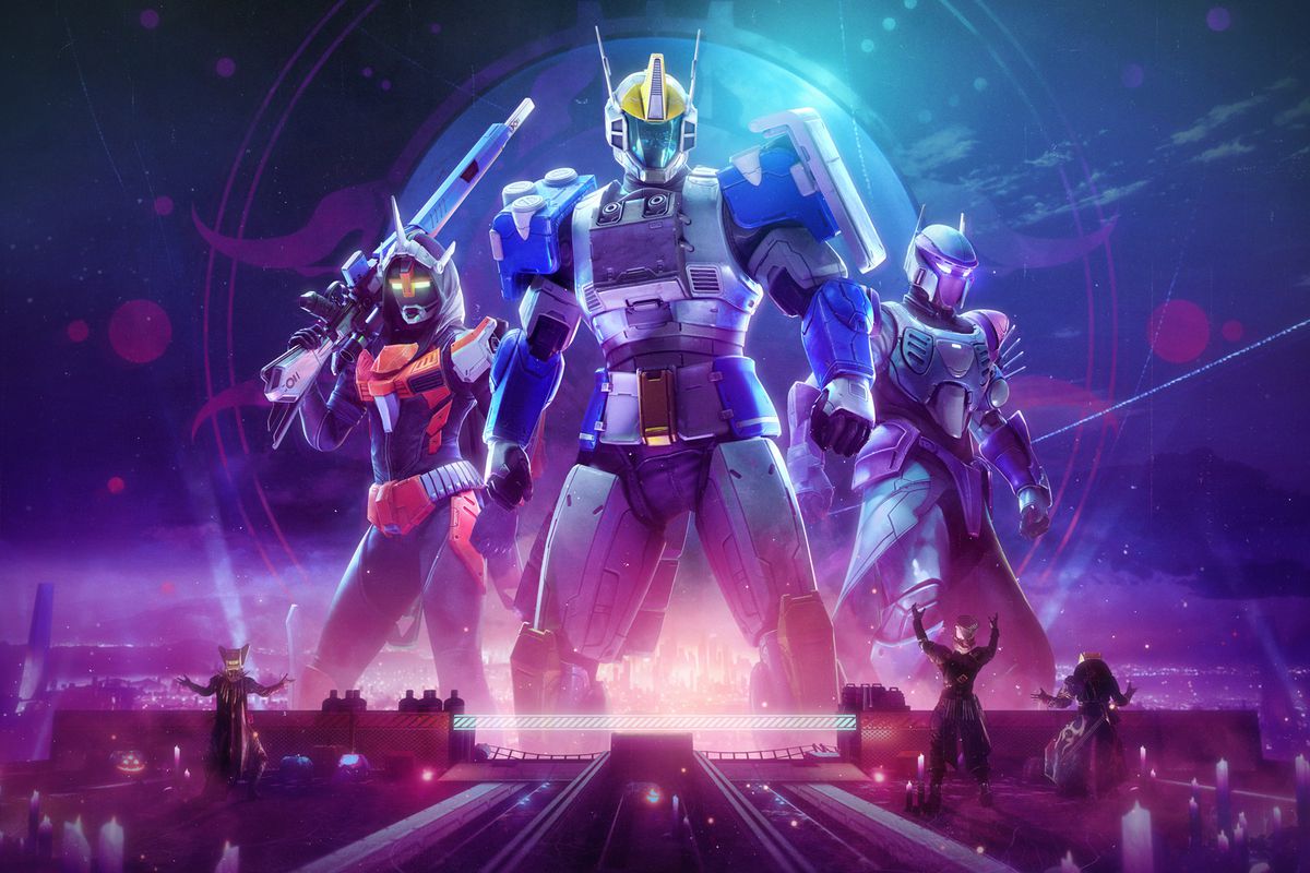 A group of Guardians stand in the Tower wearing mech-themed Gundam armor while other Guardians in masks worship them