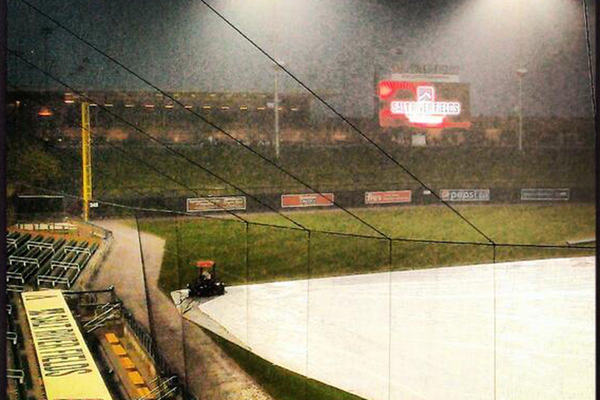 Monsoon rains at @SaltRiverFields one hour before @ArchieBradley7 makes his first spring start.