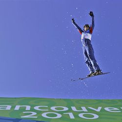 Sandy's Lacy Schnoor performs in the women's freestyle skiing aerials qualifications at the Vancouver 2010 Olympics.