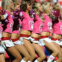Kansas City Chiefs cheerleaders perform for the crowd during the second half of the game against the Oakland Raiders at Arrowhead Stadium. The Chiefs won 24-7. 