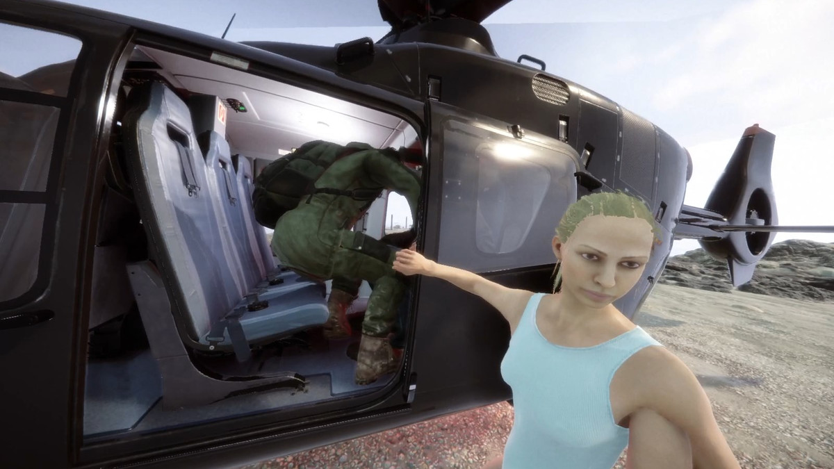 Virginia, human with three arms in a swimsuit, pulling you to a helicopter with someone sitting down in Sons of the Forest.