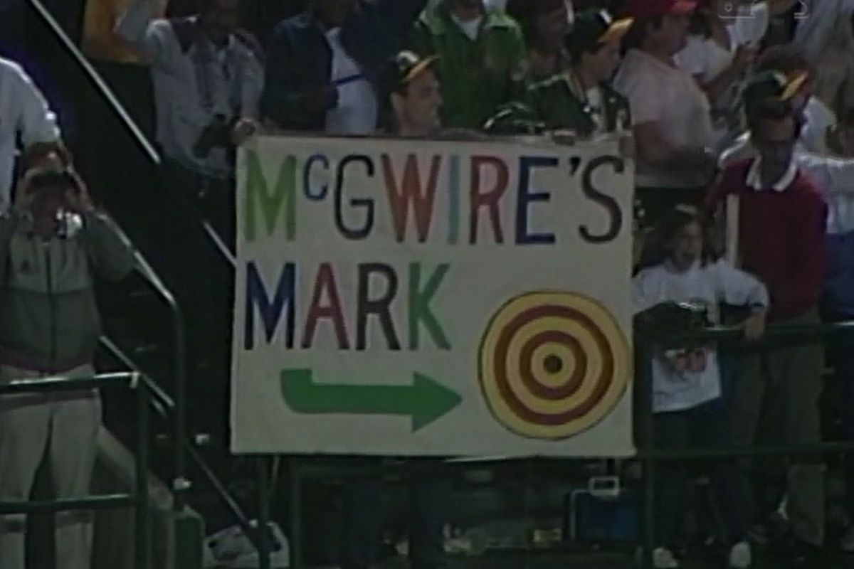 Mark McGwire's game-winning home run in Game 3 didn't land too far from this sign in left field in Oakland.