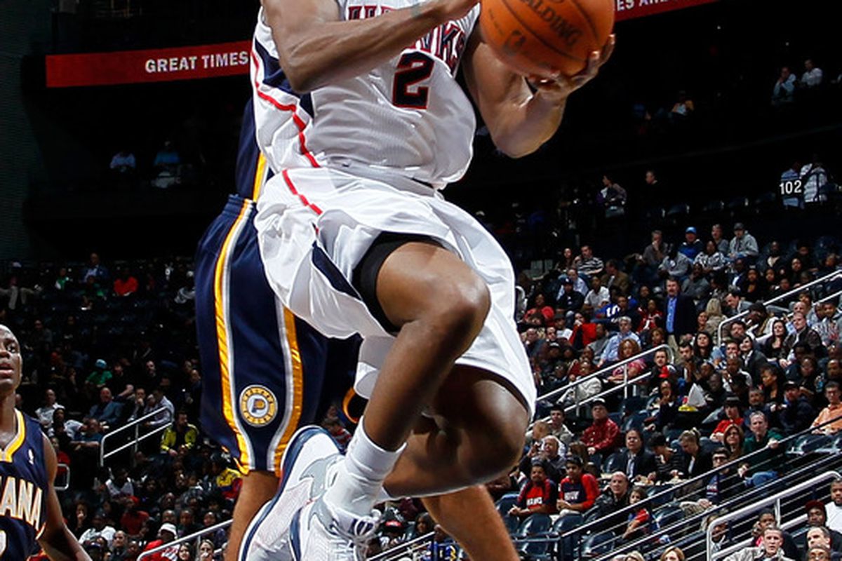 Joe Johnson #2 of the Atlanta Hawks drives the basket against the Indiana Pacers at Philips Arena on February 8, 2012 in Atlanta, Georgia.  (Photo by Kevin C. Cox/Getty Images)