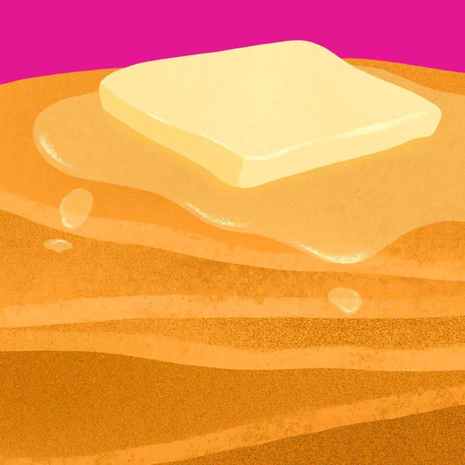 A pat of butter melting on top of a stack of pancakes. Illustration.