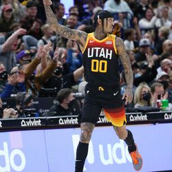 Utah Jazz guard Jordan Clarkson (00) celebrates a 3-pointer at Vivint Arena in Salt Lake City on Friday, Dec. 17, 2021. The Spurs won 128-126.